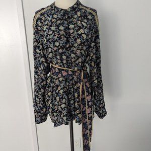 Free People Floral Print Belted Top In Black Blue… - image 1